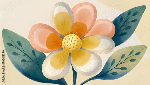 Delicate Pastel Flower Illustration with Green Leaves and Textured Yellow Background
