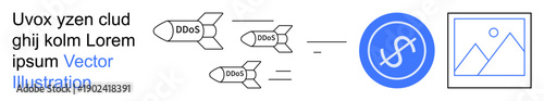 Cybersecurity, DDoS attacks, financial security, online threats, data protection, network safety. Illustration of missiles labeled DDoS targeting a financial symbol and an imagery icon. Cybersecurity