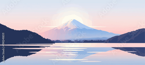 Serene snow-capped mountain reflects in calm lake at dawn, pastel hues