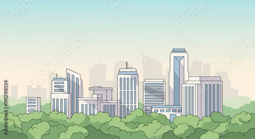 Stylized cityscape with tall buildings emerging from lush green trees under a pale sky