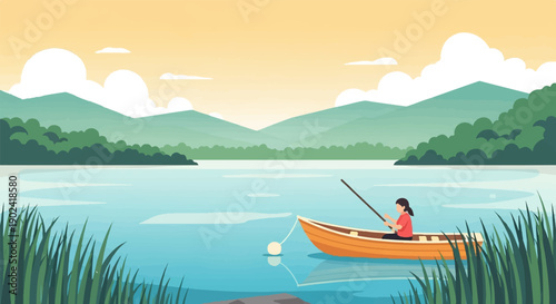 Serene lake scene with a lone figure rowing a boat amid lush green hills