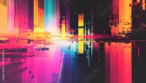 Abstract Cityscape Reflection - A Vibrant Glitch Art Interpretation.