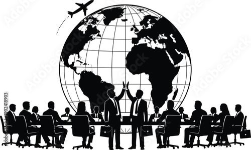 Black silhouettes of business professionals in a global meeting with world globe and airplane for international trade corporate diplomacy logistics and worldwide partnership concepts,