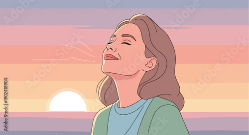 Serene woman inhales fresh air under a colorful pastel sky at sunset