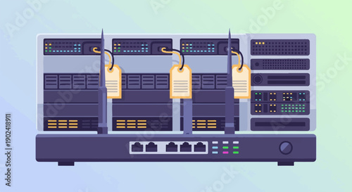 Server racks with network devices and hanging tags