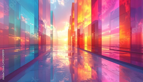 Abstract Cityscape with Vibrant Colors and Reflections at Sunset.