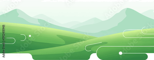 Serene minimalist landscape with rolling green hills and misty mountains