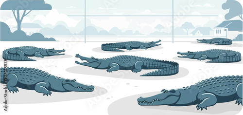 Several large, grey, pixelated crocodiles lounge on a light grey surface