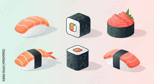 Six isometric cartoon sushi pieces arranged in two rows on a gradient background