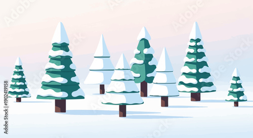 Snowy evergreen trees in a minimalist, pixelated winter landscape