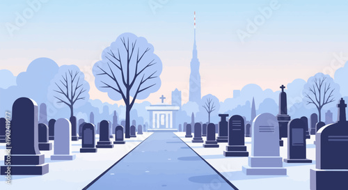 Snowy cemetery with central mausoleum and distant city skyline