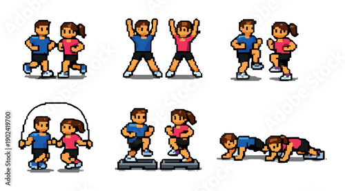 Pixel art fitness exercises: diverse animated workout scenes with male and female figures