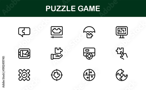 Puzzle Game Icons – Professional Line Icon Set featuring modern, minimal designs for creative projects. Perfect for apps, presentations, and digital media.