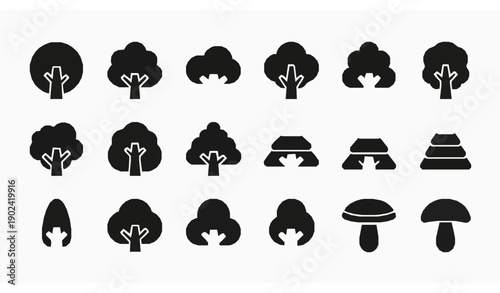Vintage Hand Drawn Black Tree Silhouette Set with Botanical Forest Line Art Icons Isolated