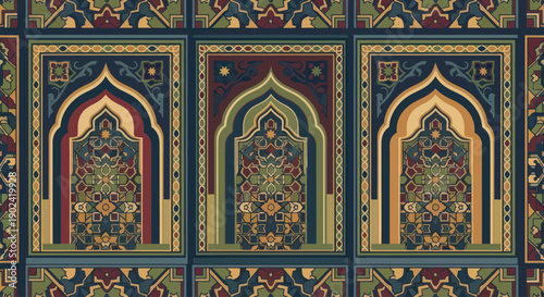 Intricate Islamic geometric pattern with archways.