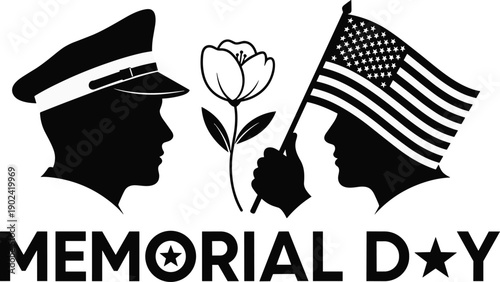 Memorial Day silhouette illustration with military officer, flower, and person holding American flag symbolizing remembrance, honor, sacrifice, patriotism, and national pride tribute