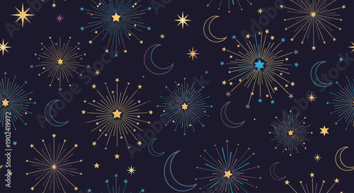 Night sky pattern with stars, moons and abstract fireworks