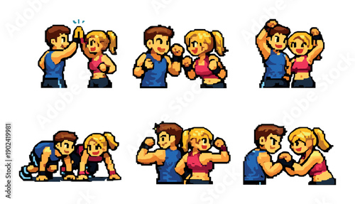 Pixel art workout couple exercising together in various fitness poses