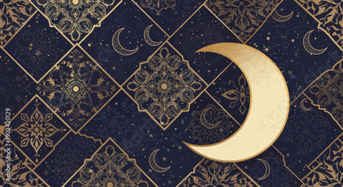 Elegant gold moon and floral pattern on dark blue background