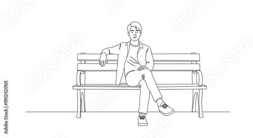 A line art drawing of a young man sitting casually on a park bench with his legs crossed, looking forward.