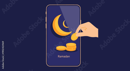 Ramadan donation app concept with crescent moon and coins