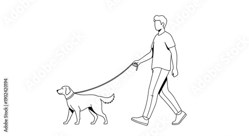 A man walking his dog on a leash, a simple black and white line art illustration.