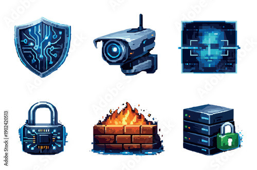 Digital security icons: firewall, surveillance camera, biometric face scan, shield, lock, server