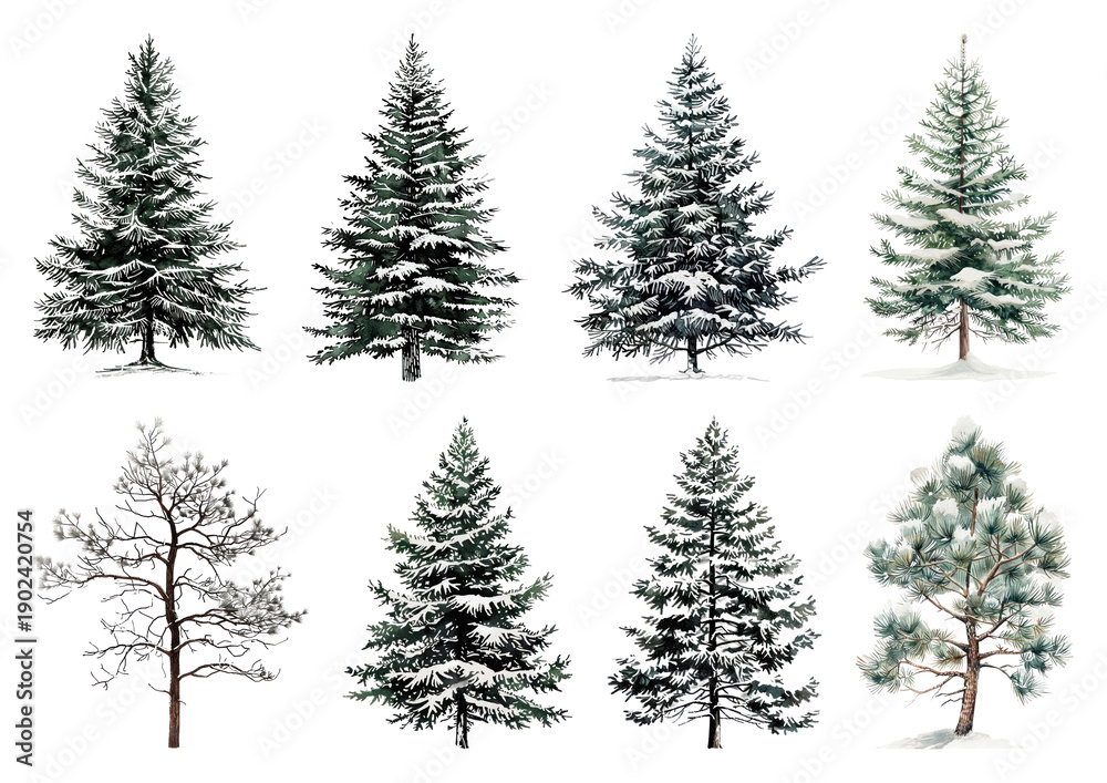 Obraz premium PNG Snow-covered evergreen trees collection, element set on transparent background