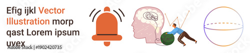 Notifications, brain health, persistence, cognitive processes, alerts, determination. Graphic of a bell, brain and person pushing a sphere. Notifications and brain health concepts