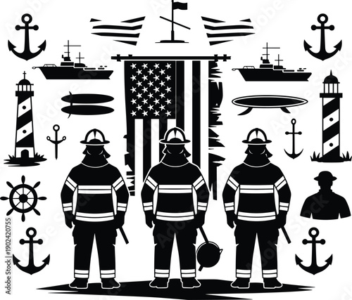 Patriotic tribute illustration featuring firefighters in protective gear with American flag, anchors, lighthouses, naval ships, submarines,