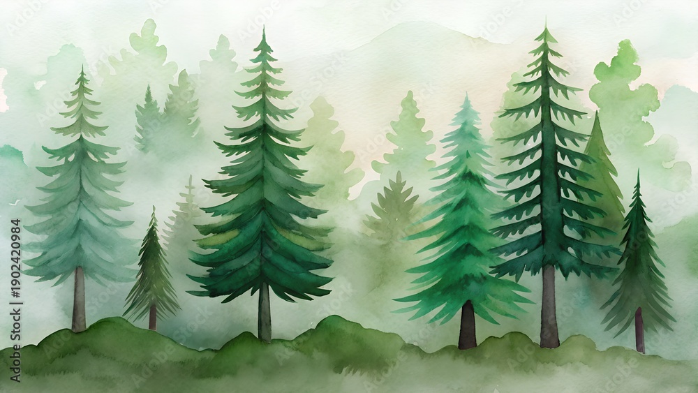 Obraz premium Misty Watercolor Forest Scene with Evergreen Trees and Hazy Mountain Background
