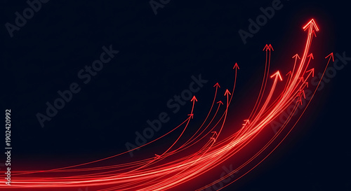 Dynamic digital growth trajectory with glowing red arrows illustrating upward progress and business success against a dark background