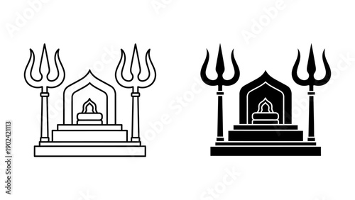 Hindu Shiva Lingam and Trishula Trident Icons Representing Sacred Temple Architecture and Divine Symbols, Minimalist Black and White Vector Illustration for Religious Design and Branding.