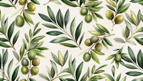 Olive Branch Pattern With Green Fruit And Leaves On A Light Beige Background