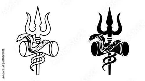 Lord Shiva's Trishula trident with Damru drum and Cobra snake symbols presented in minimalist black and white vector line art and solid silhouette styles isolated on white background.