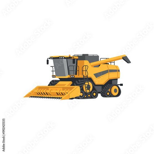 An illustration of a yellow combine harvester in action on a farm