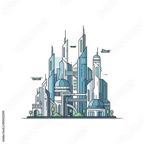 Futuristic cityscape with sleek skyscrapers and flying vehicles in a modern metropolis landscape