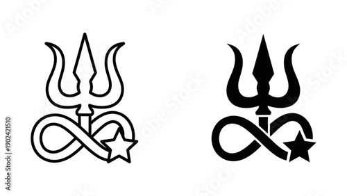 Trident and infinity symbol with star icons representing mystical power and eternal strength, set of two black and white vector illustrations for logo or tattoo design, minimalist style.