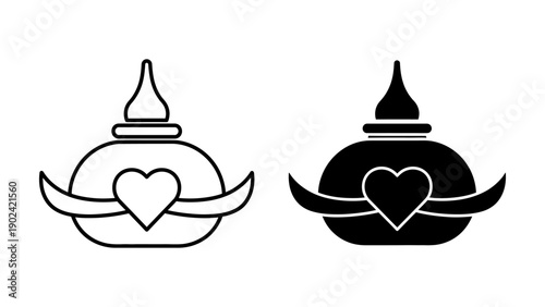 Traditional Thai Water Pot Icon Set Featuring Heart Symbol and Elegant Curved Handles in Outline and Solid Black Silhouette Styles for Cultural Wedding and Romantic Graphic Design Projects