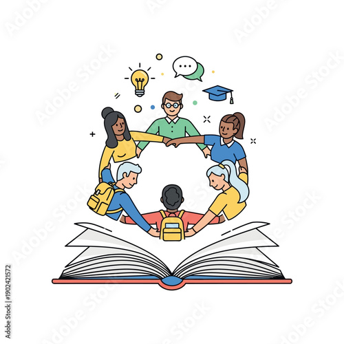Students gather around an open book for learning