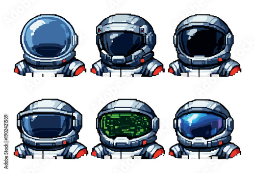Pixel art space helmets with various visor designs