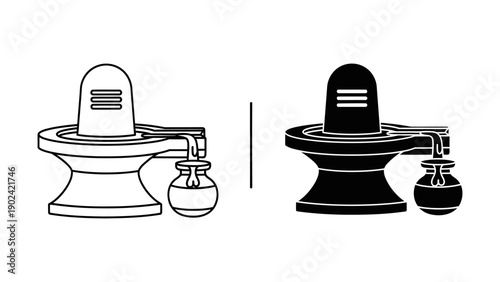 Shiva Lingam and Kalash icons representing the sacred ritual of Abhishekam with water dripping into a pot, minimalist black and white vector line art and solid silhouette set for Maha Shivratri.