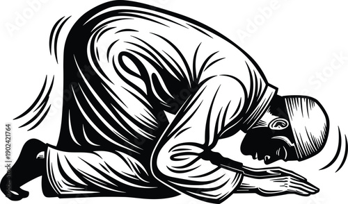 Silhouette illustration of person in sujud Islamic prayer posture with forehead touching ground on prayer mat symbolizing devotion, faith, culture, and spiritual practice