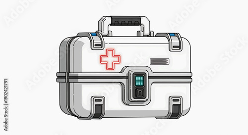 Modern Medical First Aid Kit with Red Cross Symbol and Digital Display, Emergency Preparedness Equipment