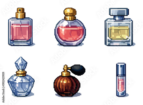 Pixel art perfume collection: diverse bottles and designs on gradient background