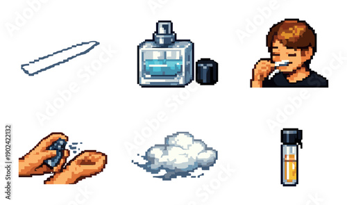 Pixel art illustration of personal care products and human actions