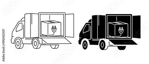 Two delivery trucks with open backs showcasing various items for transport