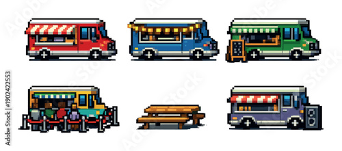 Pixel art food trucks with picnic table and diners in outdoor setting