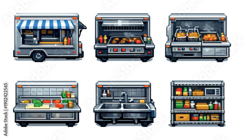 Pixel art icons of food trucks and kitchen equipment with grayscale background