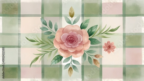 Soft Peach Rose Floral Arrangement on Pastel Green and Pink Plaid Fabric Background